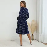Lace Long Sleeve Blue Polka Dot Dress Elegant Design Comfortable Fit Autumn Winter Style Wholesa