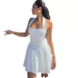 Fashionable Solid Color Backless A Line Dress Comfortable Sleeveless Spaghetti Strap Perfect for