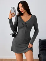 V Neck Drawstring Long Sleeve Dress Slim Fit Ruffled Short Skirt Versatile Style for Casual or P