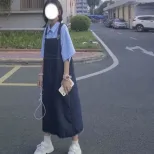 牛仔背带裙韩版宽松女跨境中长款春秋款百搭纯色春夏牛仔连衣裙子