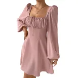 A Line Dress Waist Defined Puff Sleeves Square Neck Sweet Style for Autumn and Winter Wholesale