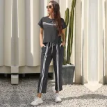 Two Piece Striped Casual Set Short Sleeve Round Neck Trendy Design Perfect for Summer Outings Wholesale Availabl