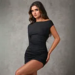 Womens Elegant Off Shoulder Dress Spring Summer Ruched Slim Fit Asymmetrical Neckline Perfect fo