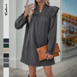 Long Sleeve Ruffle Hem Dress Loose Fit Solid Color Stand Collar Casual Wear Spring Fall Wholesal