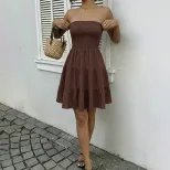 Sweet Vacation Style Solid Color Textured Strapless Cake Dress Elegant Design Comfortable Fit Pe