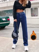 Womens High Waisted Straight Leg Jeans Fleece Lined Slim Fit Trendy Design Casual Wear Ready to