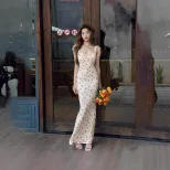 Retro Square Neck Rose Backless Dress Sweet and Spicy Style Autumn Collection Wholesale Availabl