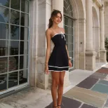 Summer French Sweetheart Off Shoulder A Line Mini Dress High Waist Slim Fit Spaghetti Straps Cas