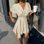 V Neck A Line Dress Soft European and American Style Waist Defining Asymmetrical Hem Unique Desi