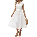 White Lapel Waist Tied Shirt Dress Minimalist Design Commuter Style Versatile Wear Wholesale Ava