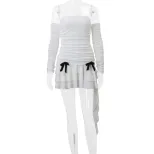 Off Shoulder Ruffled Long Sleeve Dress Sexy Pleated Elegant Autumn Fashion for Women Wholesale A