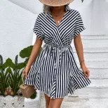 Ruffled Hem Striped Dress Waist Adjustable Shirt Collar Versatile Design Perfect for Casual Outi