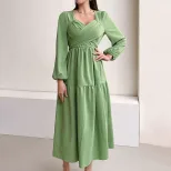 Elegant V Neck Midi Dress Fresh Spring Summer Style Youthful Green Color Wholesale Available OEM