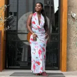 Casual Floral Print Maxi Dress Waist Defining Backless Elegant Style Perfect for Parties and Sum