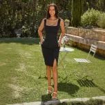 French Style Little Black Dress Solid Color Square Neck Bodycon Fit Side Slit Evening Wear Cockt