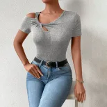 Womens Fashionable Short Sleeve T Shirt Asymmetrical Design Off Shoulder Neckline Lightweight Fa