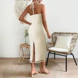 Customizable Sleeveless Knit Maxi Dress Halter Neck Fitted Silhouette Fringe Hem Beach Vacation