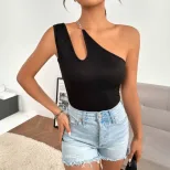 Womens Sexy Hollow Out Asymmetrical Neck Sleeveless Top Slim Fit Trendy Design Spring Summer Fas