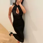 Sleeveless Lace Panel Maxi Dress Sheer Figure Hugging Solid Color Spring Summer Fashion for Part