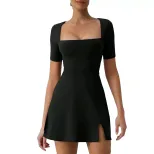 Elegant A Line Dress with Square Neckline Sexy Split Hem Waist Cinching Design Perfect for Parti