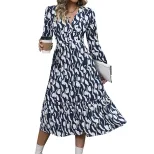 Womens Autumn Dress V Neck Irregular Hem Floral Print Casual Wear for Fall Wholesale Available