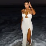 Bodycon Halter Dress Solid Color Asymmetrical Hem High Slit Chic Evening Wear for Women Wholesal