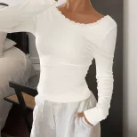 Lace Panel Long Sleeve Top Sexy Slim Fit Backless Design Ribbed Texture Perfect for Parties and