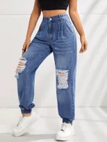 High Waisted Slim Fit Ripped Jogger Jeans Stylish Comfortable Trendy Casual Wear for Women Whole