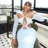 Fashionable Womens Bodycon Dress Solid Color V Neck Long Sleeve Backless Perfect for Parties and