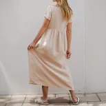 Casual Loose Button V Neck Solid Color Dress New Arrival European and American Style Perfect for