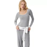 Womens Long Sleeve Color Block T Shirt Slim Fit U Neck Modal Knit Fabric Casual Wear for Spring