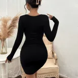 Slim Fit Color Block Lace Trim Knitted Long Sleeve Dress Womens Autumn Winter Collection Elegant