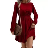 Velvet Long Sleeve Mini Dress Elastic Waist Mid Length Elegant Design Spring Summer Fashion Whol