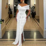 Womens Elegant Solid Color Dress Off Shoulder Split Hem Flowing Ribbons Casual or Party Wear Who