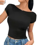 Womens Summer Solid Color Off Shoulder Slim Fit Short Sleeve T Shirt Sexy Trendy Casual Style Wh