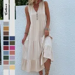 Summer Casual Sleeveless Dress Loose Fit Solid Color Comfortable Fabric Perfect for Everyday Wea