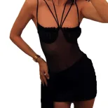Sheer Mesh Bodycon Dress Halter Neck Slim Fit Short Skirt with Flowing Ribbons Perfect for Parti