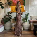 Summer Womens Bodycon Dress Sexy Deep V Neck Halter Backless Leopard Print Perfect for Parties a