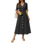Summer Casual V Neck Short Sleeve Dress Solid Color Beach Vacation Style Wholesale Available OEM