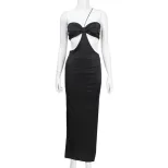 Chic Strapless Halter Neck Dress High Waist Hollow Out Satin Fabric Elegant Evening Gown for Wom