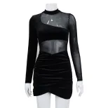 Womens Velvet Bodycon Dress Sheer Mesh Panel Ruched Design Long Sleeve Autumn Fashion for Partie