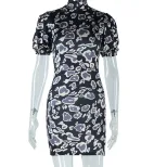 Fashionable Lantern Sleeve Mini Dress Stand Collar Printed Shoulder Pads Slim Fit Casual Summer