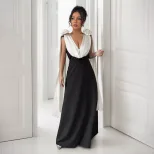 Elegant V Neck Color Block Sleeveless Dress High End Design Perfect for Evening Parties and Wedd