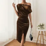 Velvet One Shoulder Dress Slim Fit Side Slit Elegant Design Spring Summer Party Gown Wholesale A