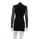 High Neck Long Sleeve Lace Sheer Velvet Dress Elegant Fitted Bodycon Style Perfect for Evening E