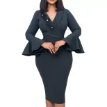 Elegant V Neck Bodycon Dress Bell Sleeves Split Hem Autumn Winter Style Wholesale Womens Fashion