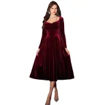 Wine Red Velvet Long Sleeve Square Neck A Line Dress Vintage Style Spring Summer Occasion Wholes