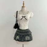 Summer Womens Short Sleeve T Shirt Polka Dot Design Bow Detail Casual Style Ready to Ship Low MO