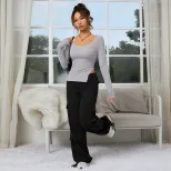 Slim Fit Long Sleeve U Neck T Shirt Asymmetrical Design Cut Out Detail Short Length Casual Wear