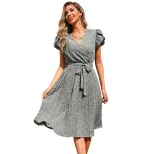 Summer Floral Green Pleated V Neck Dress Lightweight Fabric Elegant Design Perfect for Casual Ou